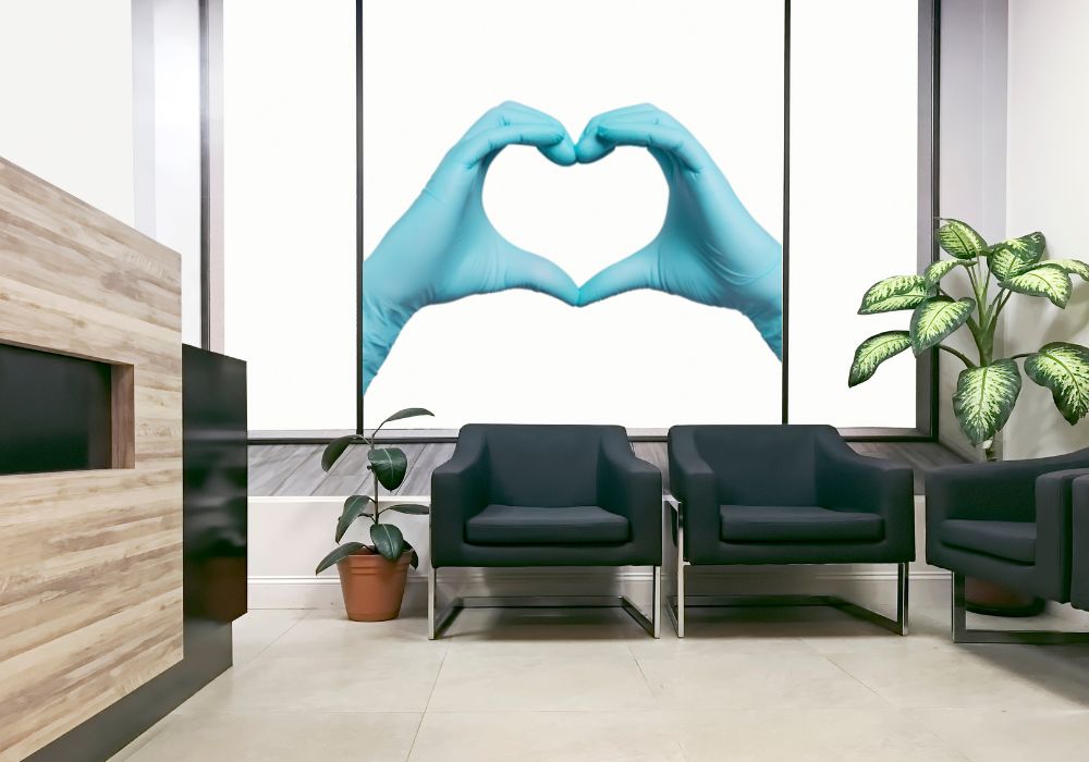 medical rooms with doctors gloves in the shape of a heart