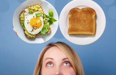 Woman looking at avocado toast or plan toast options