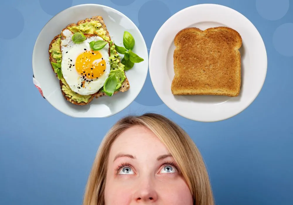 Woman looking at avocado toast or plan toast options