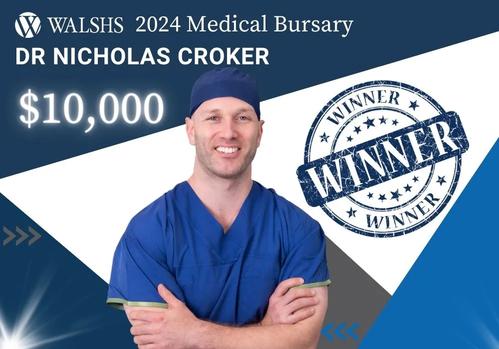 The winner of the 2024 $10,000 Walshs Medical Bursary is Dr Nicholas Croker! The winner of the 2024 $10,000 Walshs Medical Bursary is Dr Nicholas Croker!