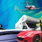 car, boat, horse, private jet and other items on a piece of artwork