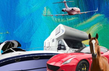 car, boat, horse, private jet and other items on a piece of artwork